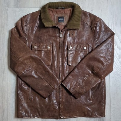 美品■HUGO BOSS ライダースジャケット　羊革　ブラウン　46 Hugo Boss Leather Jacket Mens 46R 2XL Brown 100% Lamb Bomber