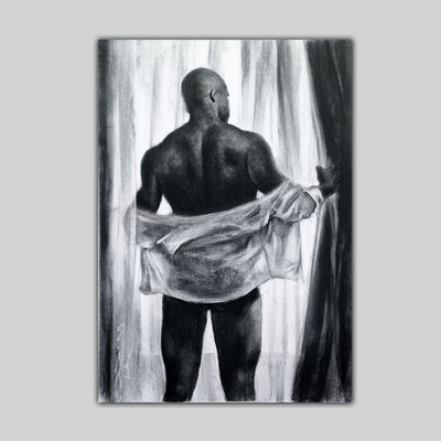 Male Figure Original Baroque Charcoal Drawing   Man Back Study Unframed