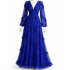 Mac Duggal Royal Blue Ruffle Chiffon Maxi Dress Long Sleeve V-Neck Size 8