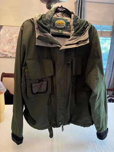 Cabela’s Men’s Large Fishing Jacket Olive Green Hooded Mesh Lined Utility - product listing photo