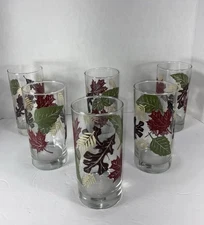 6 Vtg Libbey  Crisa Autumn Leaves Tumblers, Fall Colors