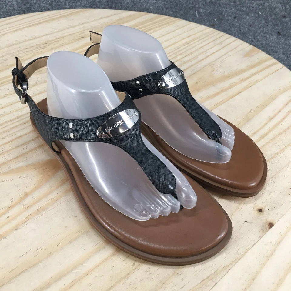 NUEVAS Sandalias Michael Kors Para Mujer 6.5 M MK Placa Cordones Tanga Cuero Negro Foto 3 de 4