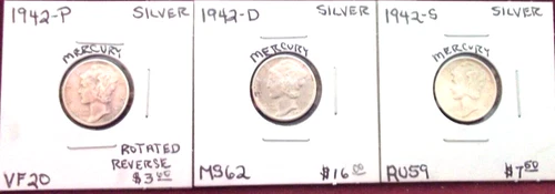 1942-P VERY FINE / 1942-D MINT STATE / 1942-S ALMOST UNCIRCULATED MERCURY DIMES