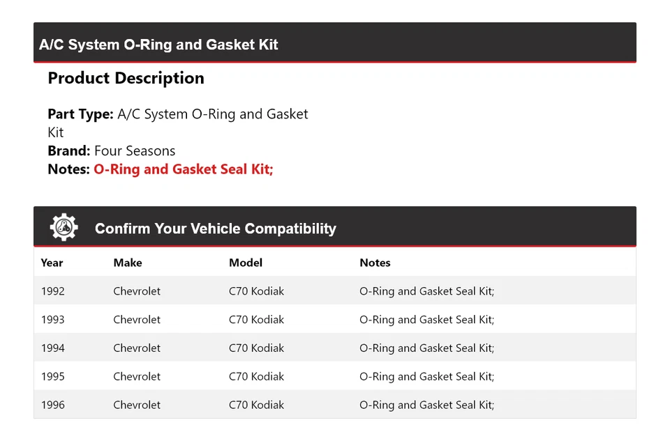 For 1992-1996 Chevrolet C70 Kodiak A/C System O-Ring and Gasket Kit 4 Seasons - Image 2 of 4