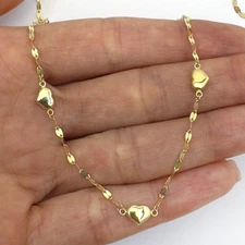 14K Yellow Gold 2mm Mirror-Link Heart Charms Chain (Solid Links) 18"