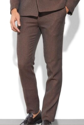 BoohooMAN Skinny Fit Pleat Texture Suit Pants Brown Striped US