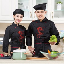 Men Women Chinese Dragon Print Chef Apparel Uniform Jacket Coat Food Service Top
