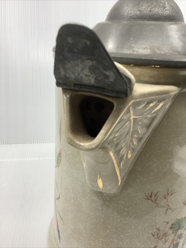 Antique Large Knowles Taylor Knowles Hand Painted Pitcher Coffee Pot Pewter Lid - Picture 9 of 12