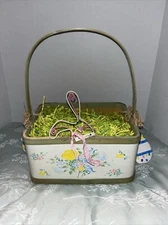Wooden Painted  Spring Easter Basket, Tie On Ornaments  , Embellishments , Grass