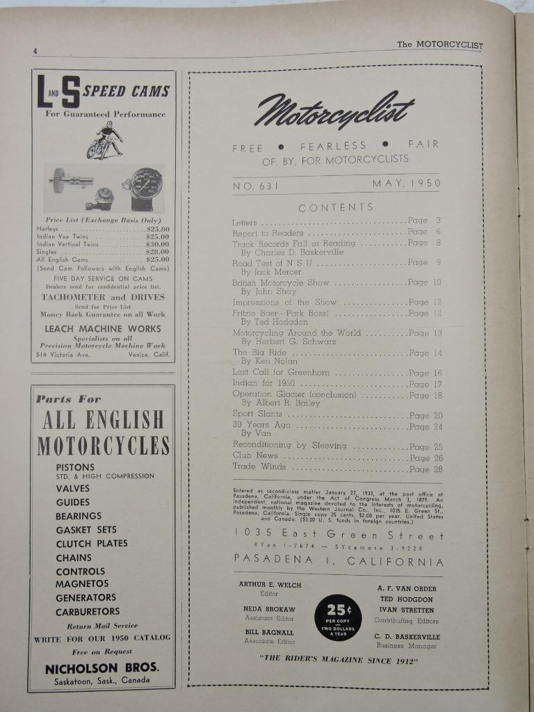 Motorcyclist Magazine May 1950 Mustang BSA Greenhorn Harley