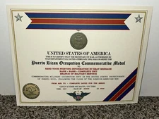 PUERTO RICAN OCCUPATION COMMEMORATIVE MEDAL CERTIFICATE ~ W/PRINTING TYPE-1