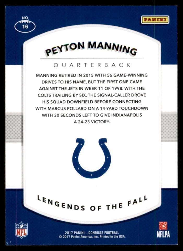 2017 Donruss Legends of the Fall Peyton Manning Indianapolis Colts #16 - Image 2 of 2