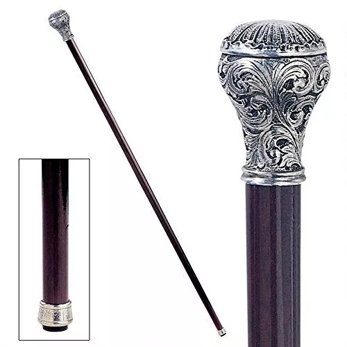 PA400 - Ornate Ball Pewter Walking Stick/Cane - Italian Pewter & Hardwood - Picture 1 of 1