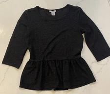 Bar III Womens Peplum Top Blouse Medium Black Sparkle Dressy Crinkle 3/4 Sleeve