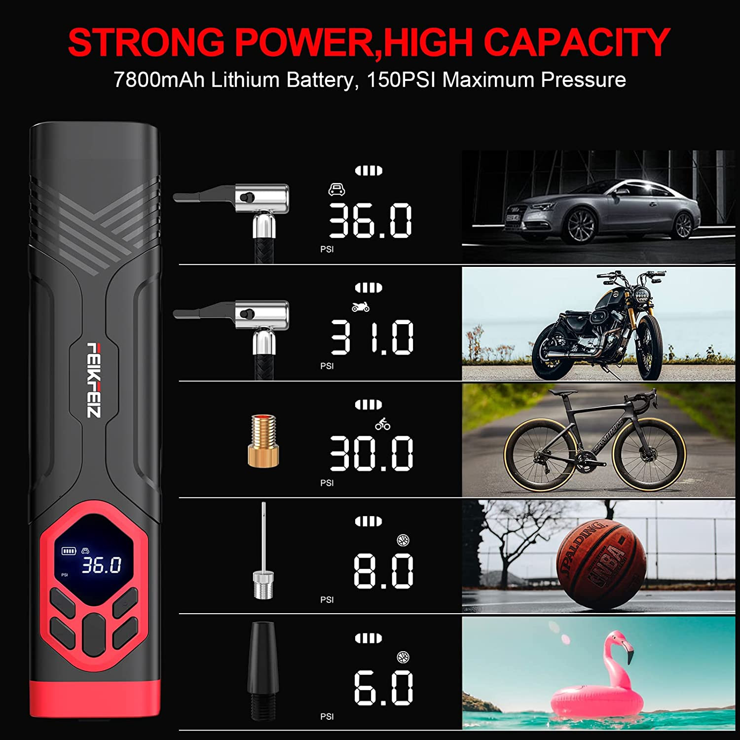 Portable Air Pump , 150PSI 7800Mah Cordless Air Compressor, Dual Power ( Battery