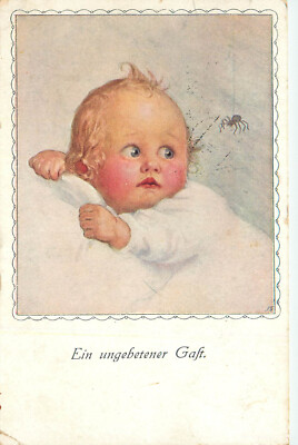 MM Vienne Postcard an Uninvited Guest Ein Ungebetener Gast, Baby & Spider 923