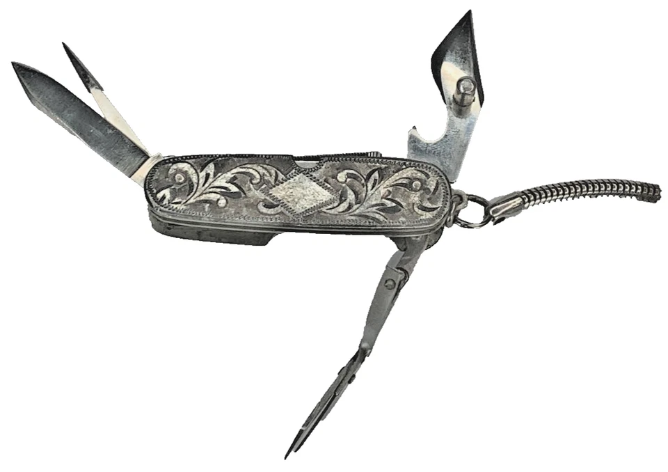 Navaja de Bolsillo Antigua De Colección Esterlina 925 Grabada Diseño Pergamino 2" Multi 5 Herramientas Foto 4 de 4