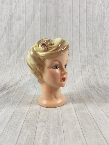 Vintage 6" Lady Head Vase Blonde, Blue Eyes, Red Lips, Classic Style 1950s - Picture 8 of 14