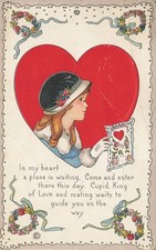 Vintage 1915 Valentine Postcard Girl w/ Heart & Poem Made in USA Embossed