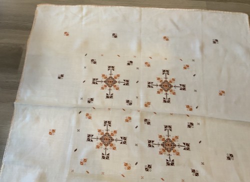 Antique Vintage Square Tablecloth, Linen, Geometric Embroidery Design, Off White - Picture 4 of 23