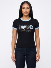 COCO Black Blue Ringer Love Heart Graphic Rhinestone Crew Neck Tee Size S /M 