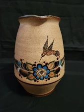 Vintage Tonala Mexican Pottery Pitcher Floral Hummingbird Folk Art Netzi 8.75"H