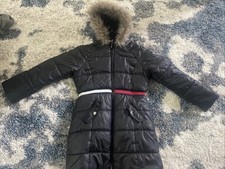 Tommy Hilfiger Navy Blue Longline Faux Fur Trim Puffer Coat Girl's Size L 12/14