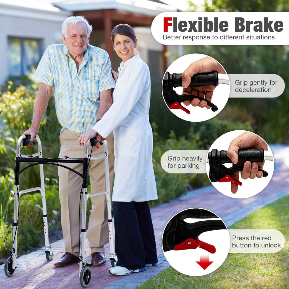 Standard Walker 2-button Folding Walker w/5" Wheels Trigger Release for ...