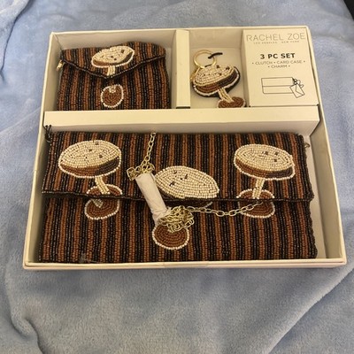 New Release Rachel Zoe 3 Pc Set Beaded Espresso Martini Clutch Card Case Charm