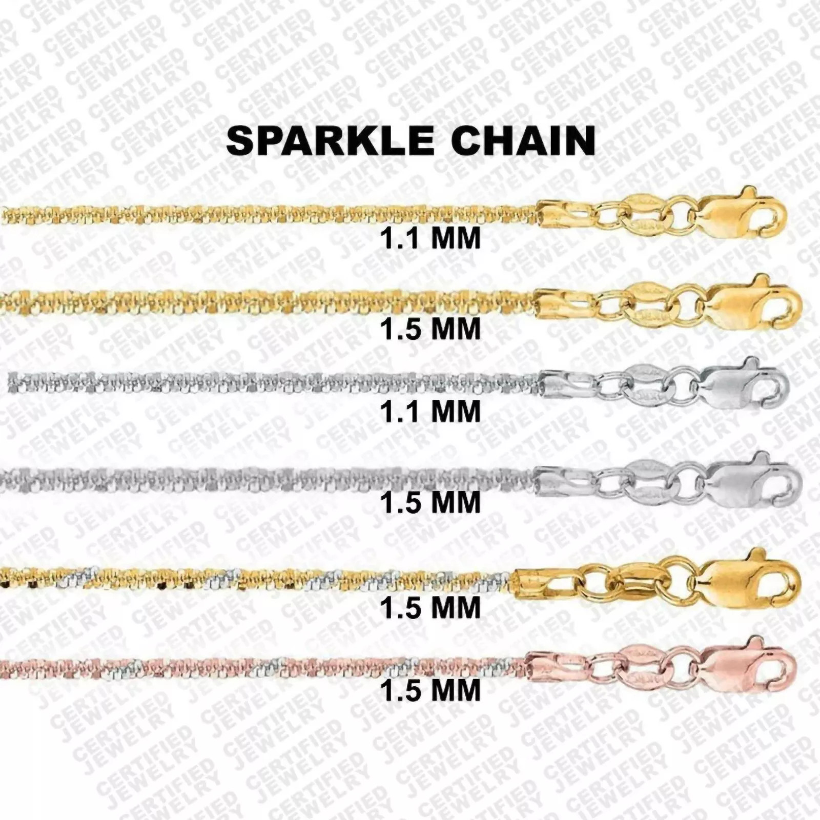 14K Solid Gold Sparkle Rope Chain Necklace 1.1MM 1.5MM Yellow White Gold