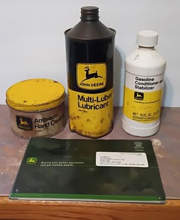 4 Vintage JOHN DEERE AD ITEMS...LUBRICANT CLEANER CONDITIONER NOTEBOOK