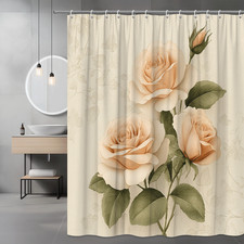 Elegant Floral Shower Curtain with Peach Roses and Green Leaves