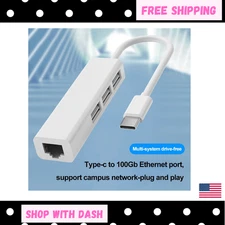 4-in-1 USB-C to Ethernet Adapter Hub | RJ45 LAN + 3-Port USB 2.0 Splitter | Plug
