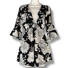 Lulu's Mini Floral 'Steal The Show' Black/White 3/4 Sleeve Dress Cold Shoulder S