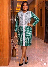 Handmade Women's Green African Adire Cotton Button Dress Size 10, 12