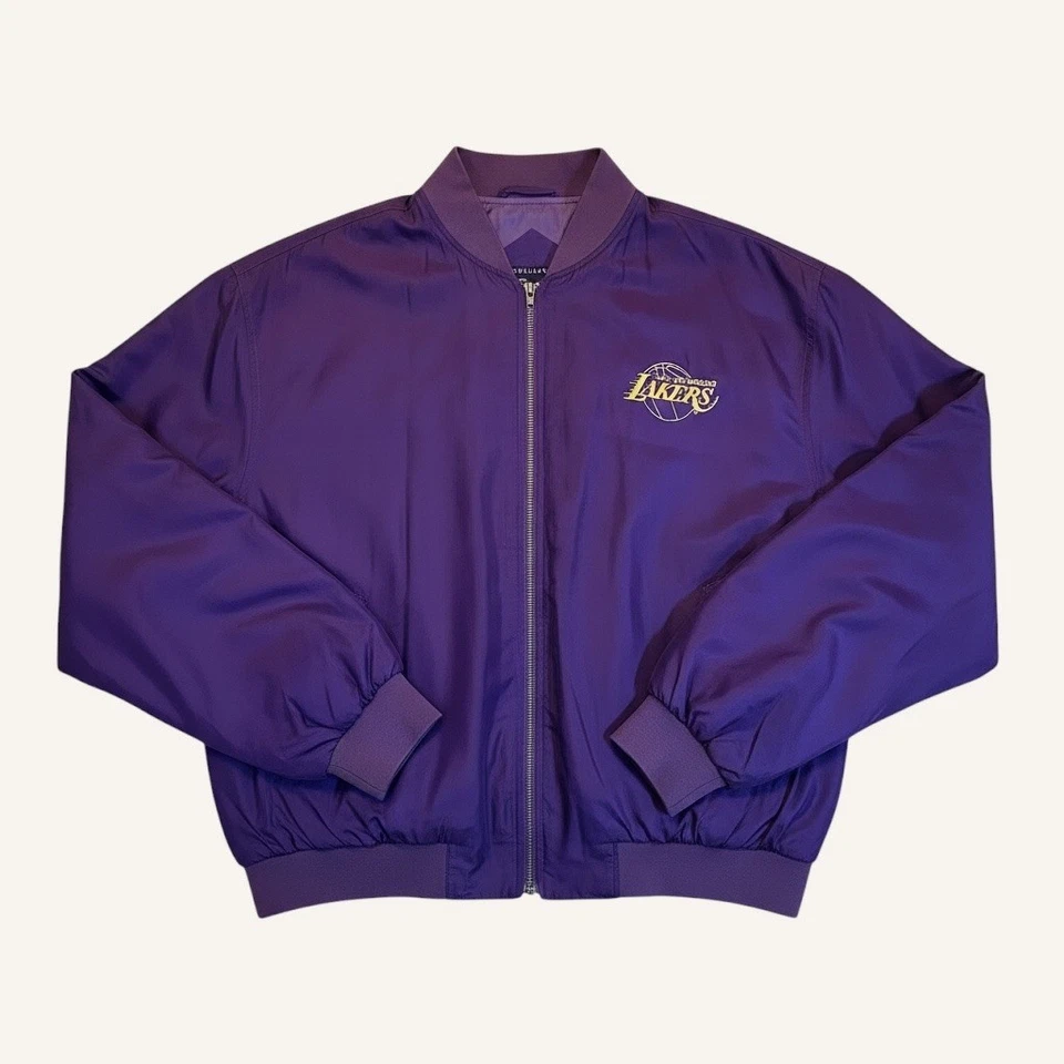 Vintage 90s Tulliano Los Angeles Lakers Purple Bomber Silk Jacket Sz L RARE - Image 2 of 4