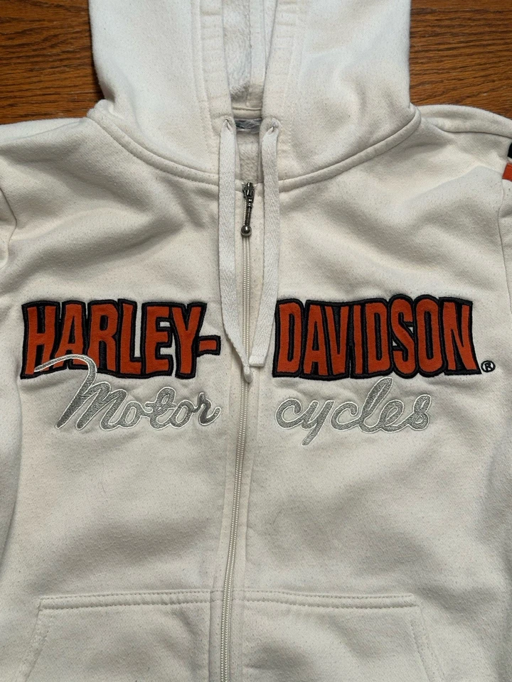 Sudadera con capucha y cremallera para mujer Harley-Davidson blanca/naranja, talla XS Y2K Foto 2 de 4
