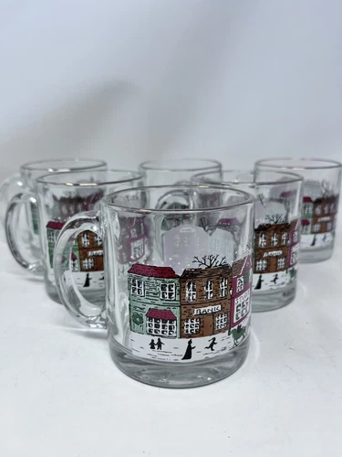 Libbey Winter Village Farm Sleigh Scene Glass Mugs Gold Rim Made In USA Vintage