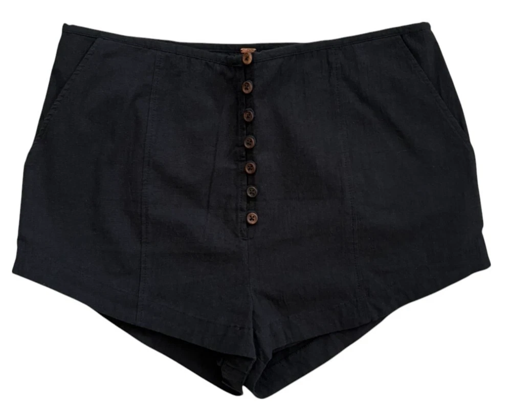 Free People Black Tabea Shorts Sz Lrg Linen Blend High Waisted Hot Shorts