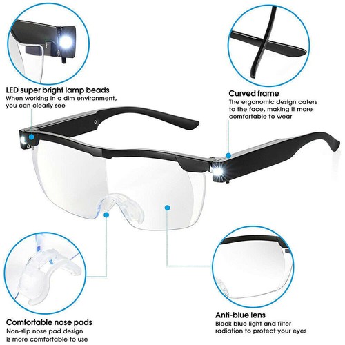 USB 180% (300 Grad) Magnifying Eyewear HD Glasses Unisex With LED Lights Glasses - Picture 9 of 12