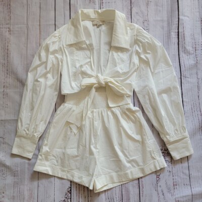 Mable Cutout Collared Tie Front Shirt Romper White Women's Small