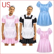 French Maid Costume Mens Cosplay Satin Dress Outfit Crossdressing Lingerie