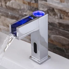 LED Touchless Bathroom Sink Mixer Sensor Faucet Waterfall Single Hole Brass Taps