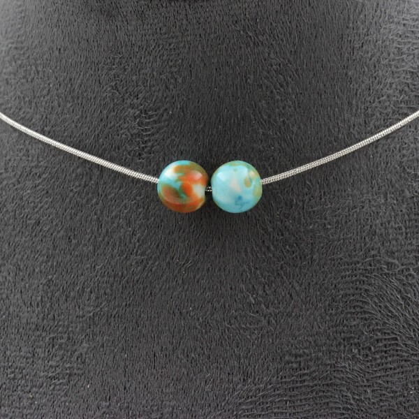 Halskette 2 Perlen Jaspis Blau Orange 8 Mm. Kette Aus Edelstahl Halskette Fem-image