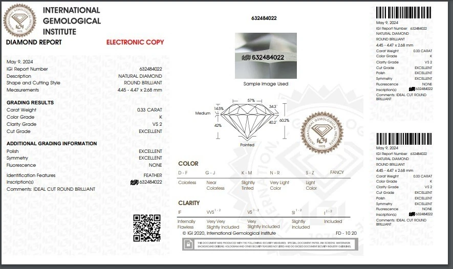 100%Natural Diamond IGI CERTIFIED 0.33 Ct Brilliant Round Cut 4.4 mm K/VS2 Grade - Image 2 of 4