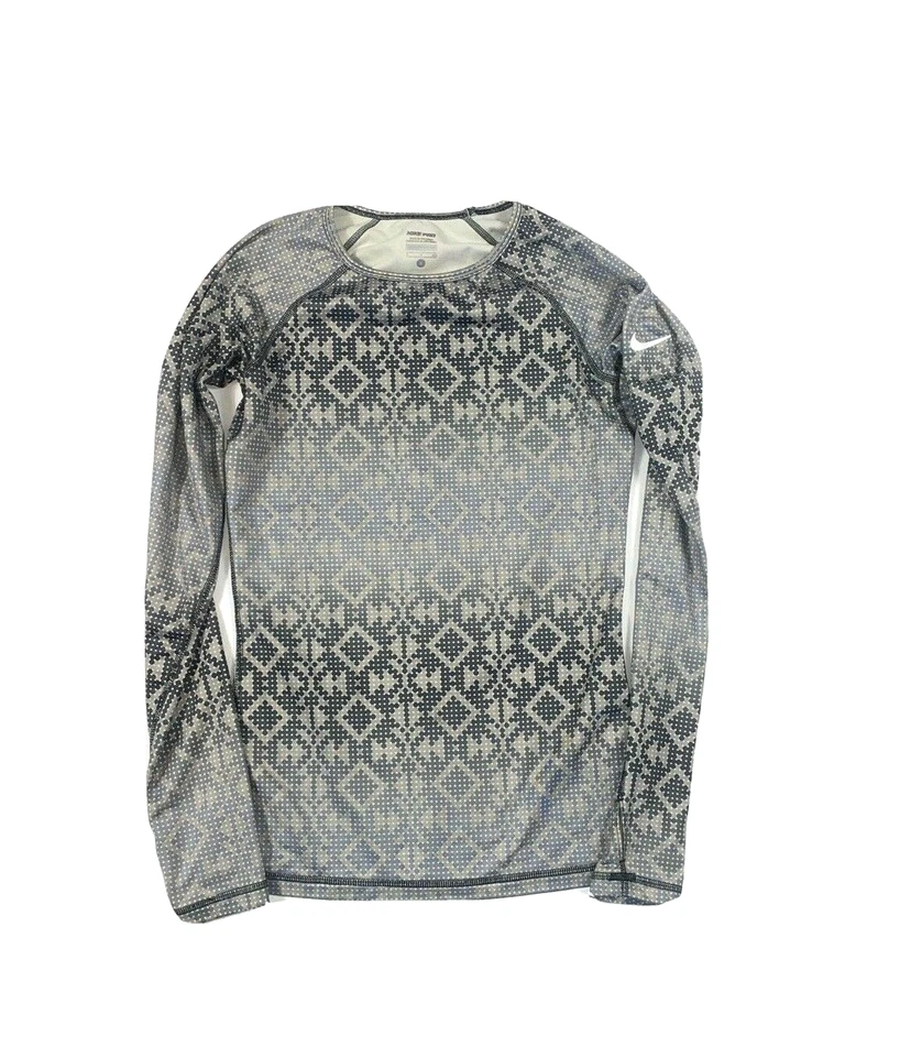 Camiseta Nike Pro Mujer Pequeña Estampado Geo Manga Larga Gris Diamante Punto Camiseta Foto 2 de 4