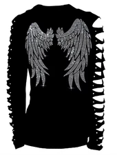 New Wide Angel Wings Women's Tops Rhinestone Shirt Ripped Cut Out Long XS~4XL