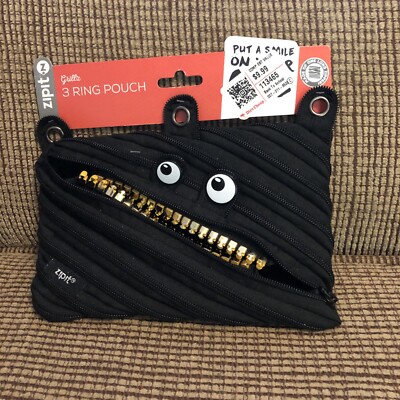 Grillz ZIPIT Monster Pencil Case Black 3 Ring Pouch Bag Made of One Long Zipper