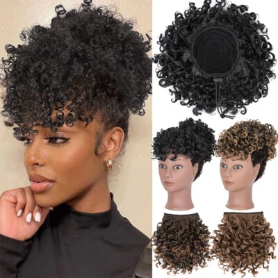 Afro Kinky Curly Bangs Fringe Hairpiece Clip In Extension Puff Bun Hair Ponytail