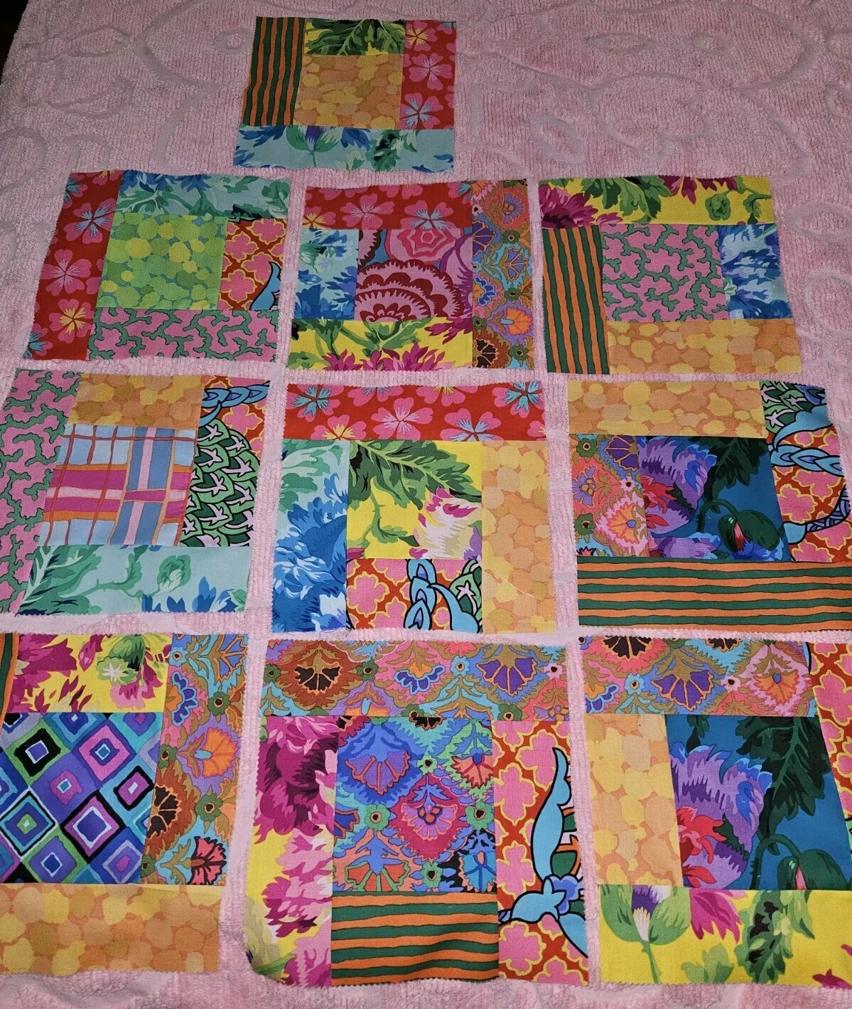 Lot Of 10 Kaffe Fassett Homemade Colorful Patchwork Quilt Blocks 9.5